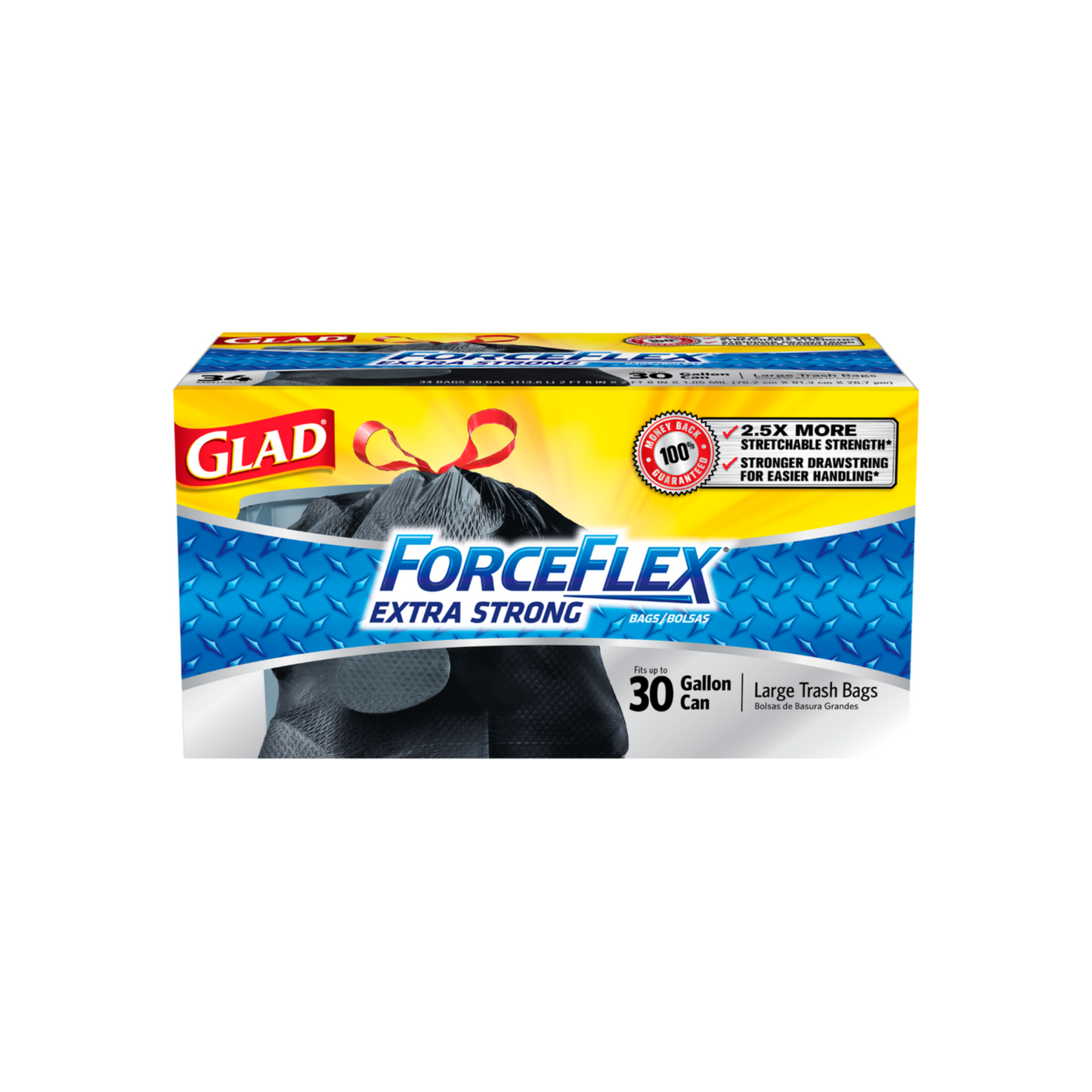 Glad Force Flex Extra Strong Large Drawstring Trash Bags, 30 Gallon, Black 25 Ea