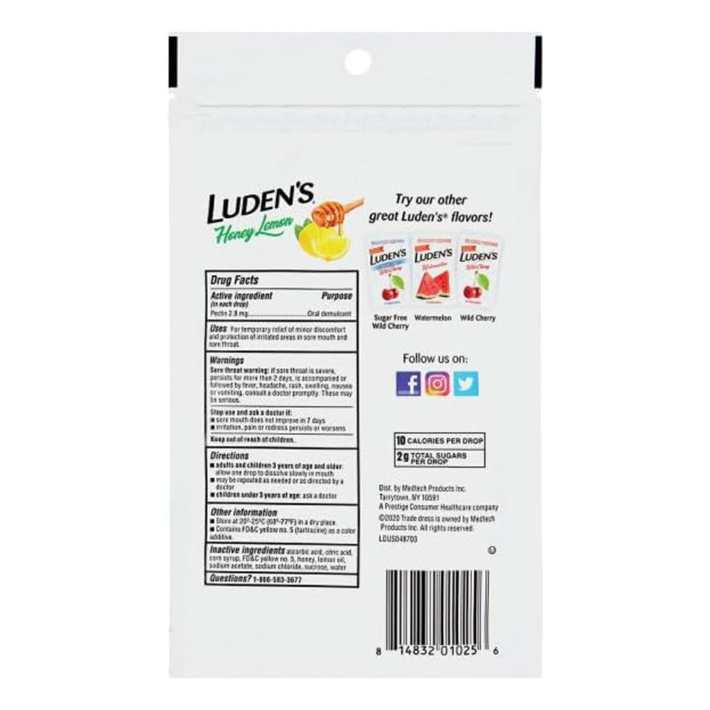 Ludens Soothing Throat Drops, Honey Lemon - 25 Ct