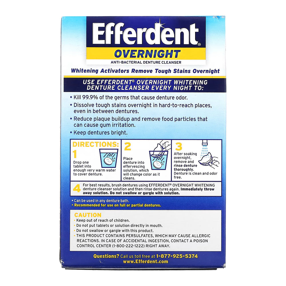 Efferdent Denture & Retainer Cleanser Tablets, Overnight Whitening, 90 Tablets