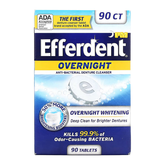 Efferdent Denture & Retainer Cleanser Tablets, Overnight Whitening, 90 Tablets