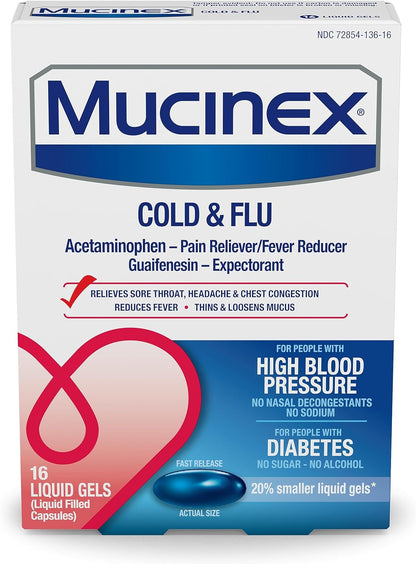Mucinex Cold & Flu High Blood Pressure Liquid Gels, 16 ct.