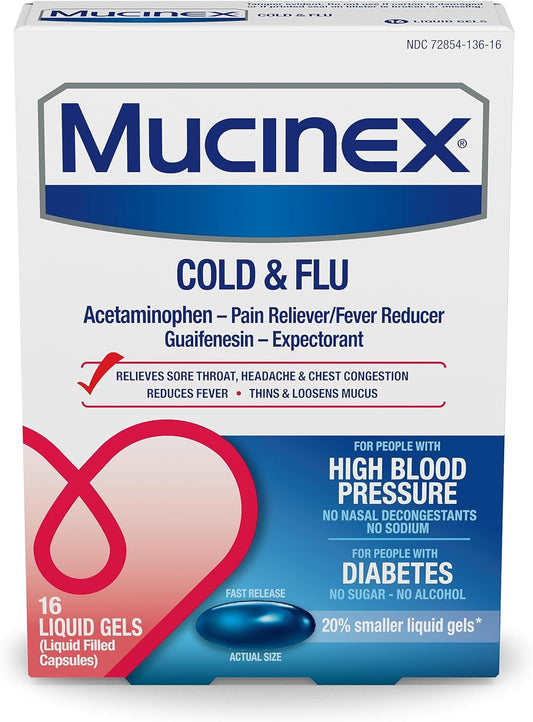 Mucinex Cold & Flu High Blood Pressure Liquid Gels, 16 ct.
