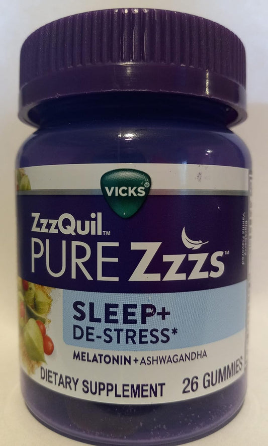 Vicks ZzzQuil Pure Zzzs Sleep + DE-Stress MELATONIN + ASHWAGANDHA 26 Gummies