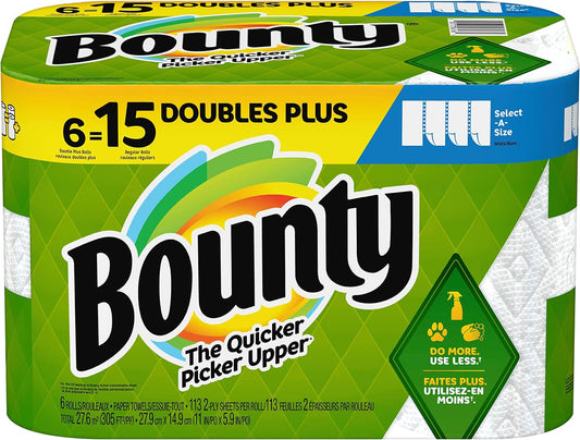 Bounty Select-A-Size Paper Towels, 6 Double Plus Rolls, White, 113 Sheets Per Roll