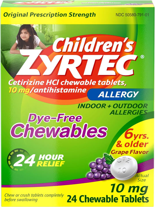 Zyrtec Children's Dye-Free Chewables for 24 Hour Allergy Relief, 10 mg 24 ct