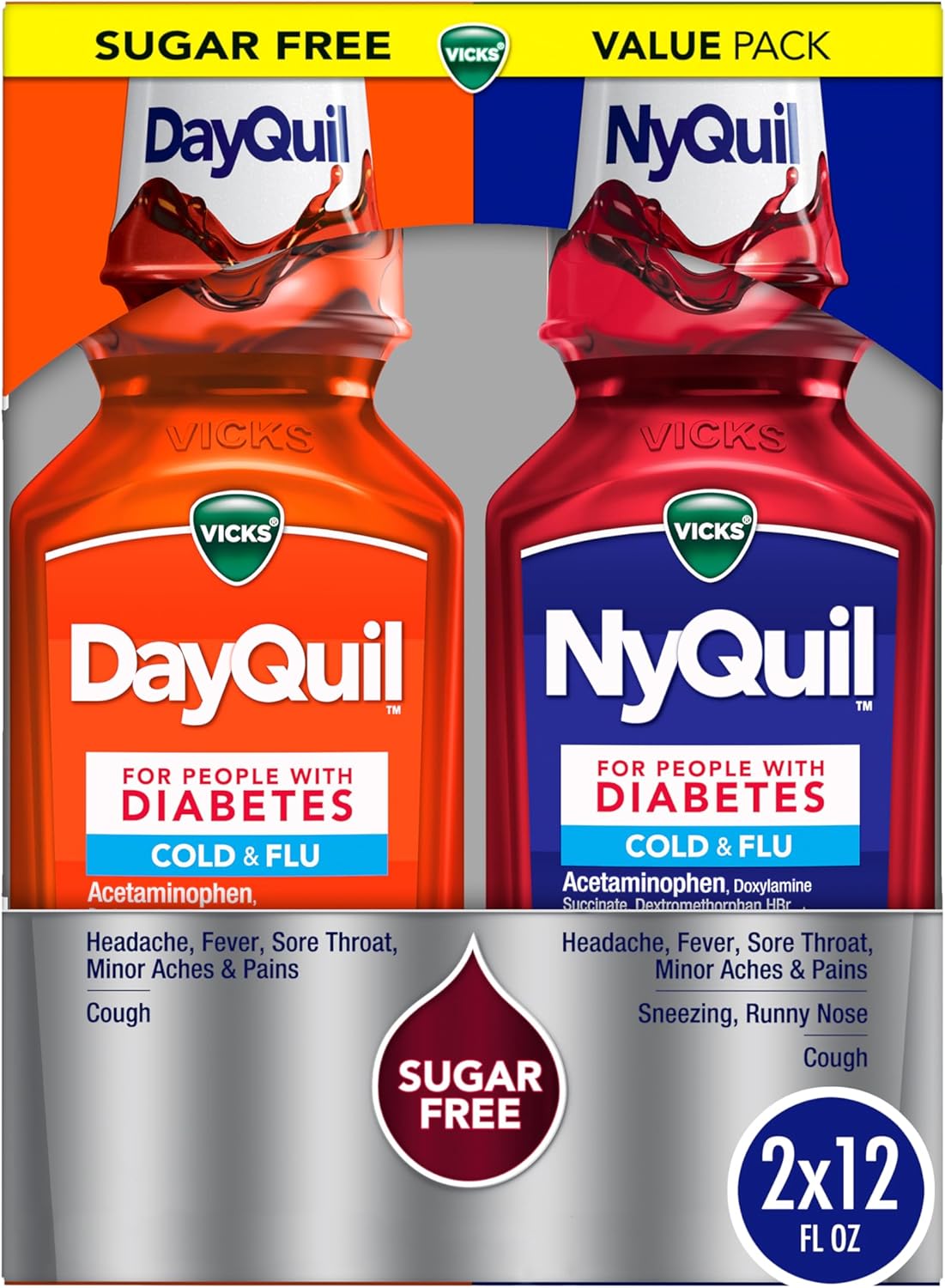 VICKS DayQuil & NyQuil Diabetes Cold & Flu Relief Medicine Co-Pack, 24 fl oz