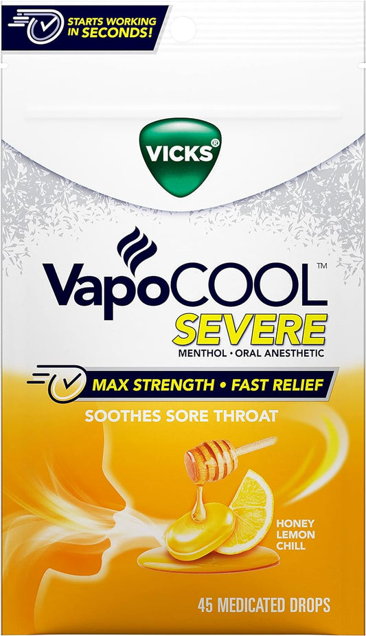 Vicks, VapoCOOL Severe Medicated Lozenges, Honey Lemon Chill, 45 Count