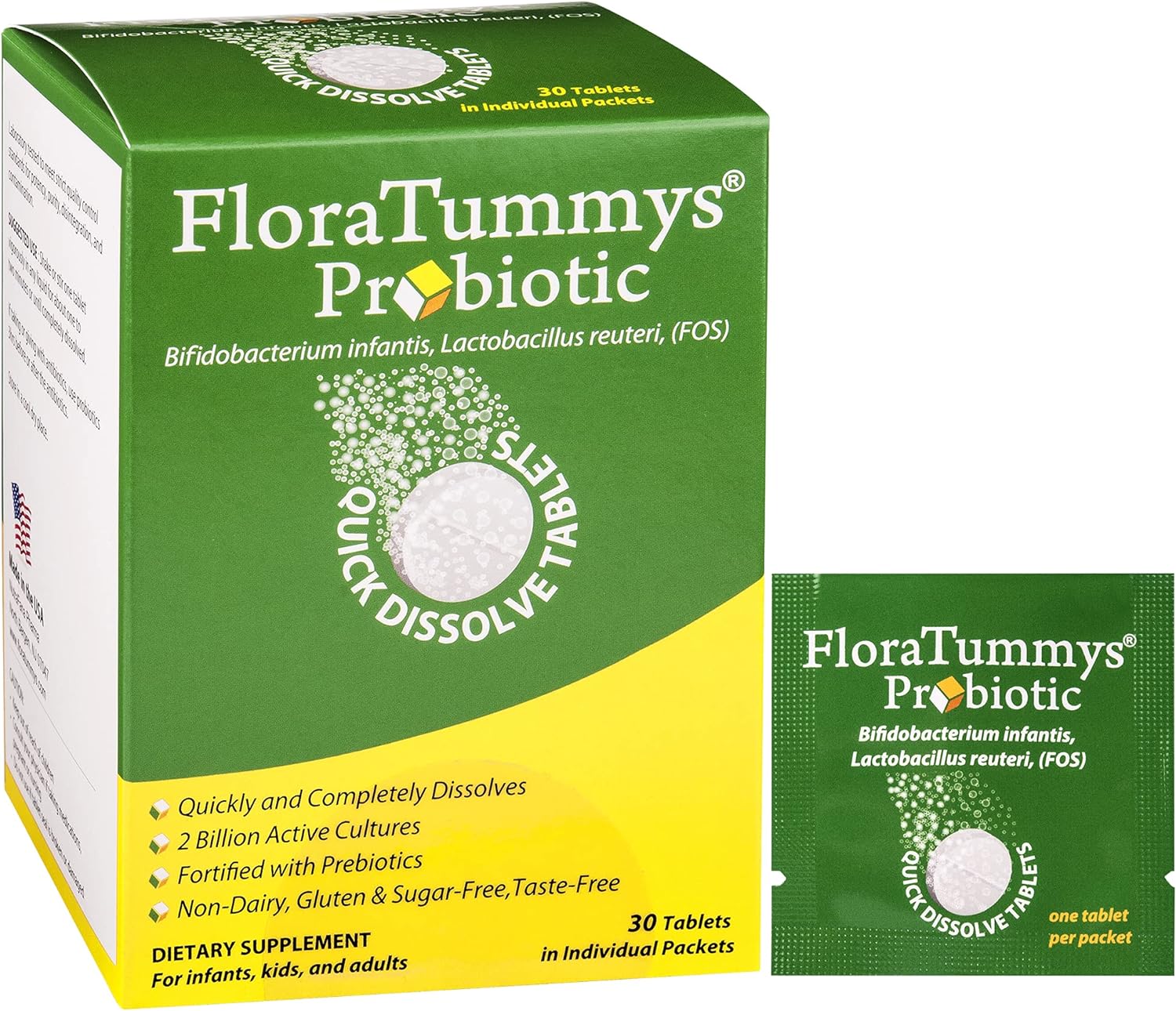 FloraTummys Probiotic Quick Dissolve Tablets For Adults, Kids, Infants.