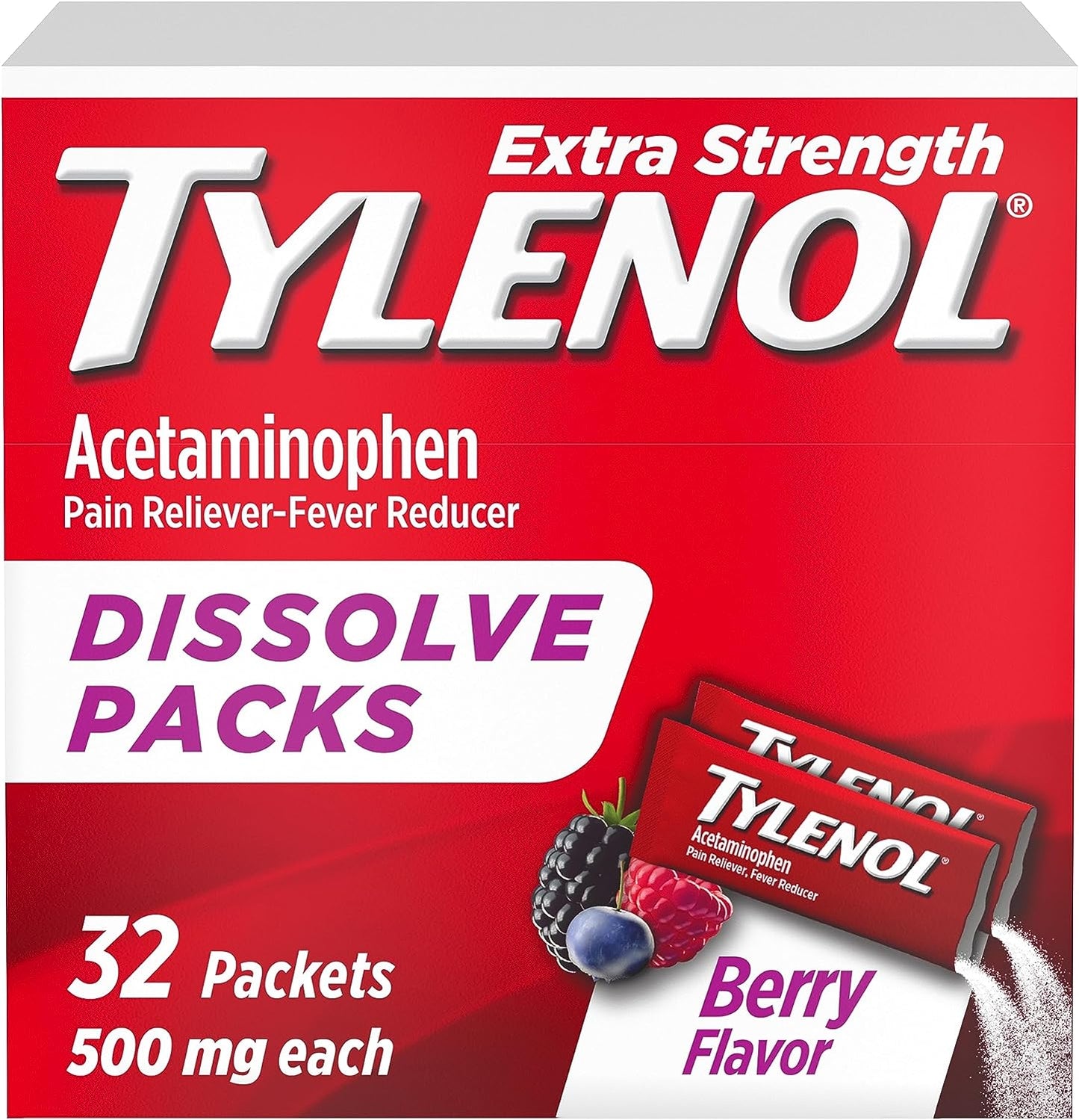 Tylenol Extra Strength Dissolve Packs, 500 Mg Acetaminophen Pain Reliever & Fever Reducer, 32 Ct