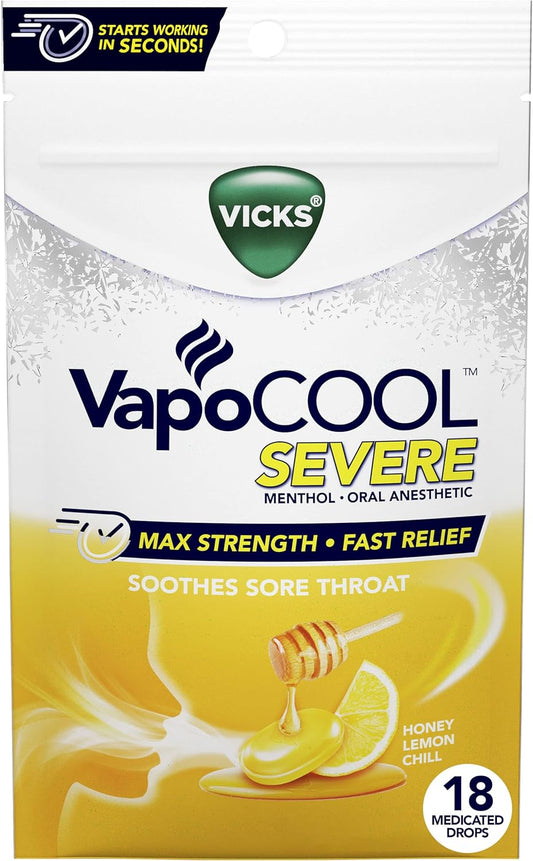 Vicks VapoCOOL Severe Medicated Sore Throat Drops, Fast-Acting Max Strength Relief, 45 ct