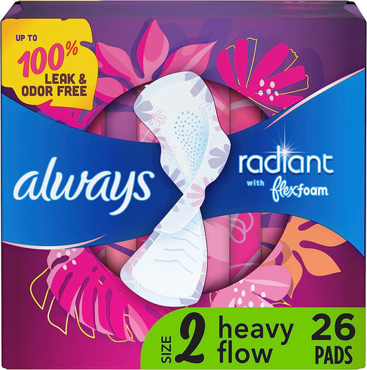 Always Radiant Feminine Pads For Women, Size 2 Heavy Flow Absorbency, 26 Ct