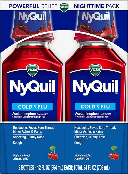 Vicks NyQuil, Nighttime Relief of Cough, Cold & Flu Relief, Cherry Flavor, Twin Pack, 12 FL OZ