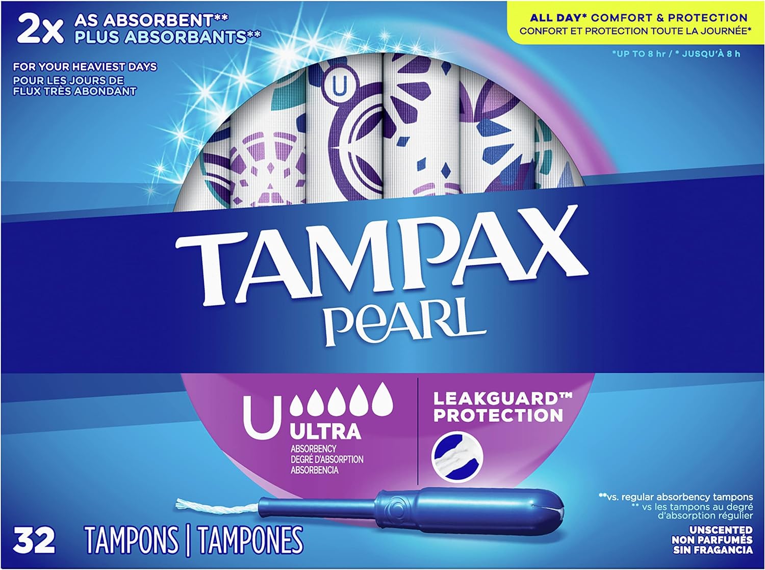 Tampax Pearl Tampons Ultra Absorbency With Leakguard Braid, Unscented, 32Count
