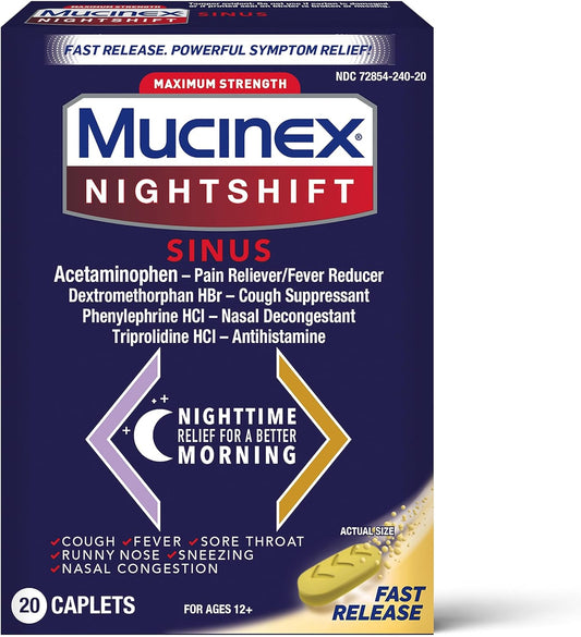 Mucinex Nightshift Sinus, Maximum Strength Powerful MultiSymptom Night Relief, 20 Caplets Pain