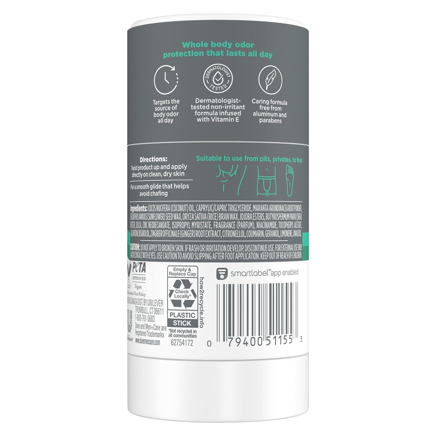 Dove Men+Care Whole Body Deo Suitable from Pits, Privates, to Feet Aluminum-Free Deodorant Stick Aloe + Bamboo 2.6 oz