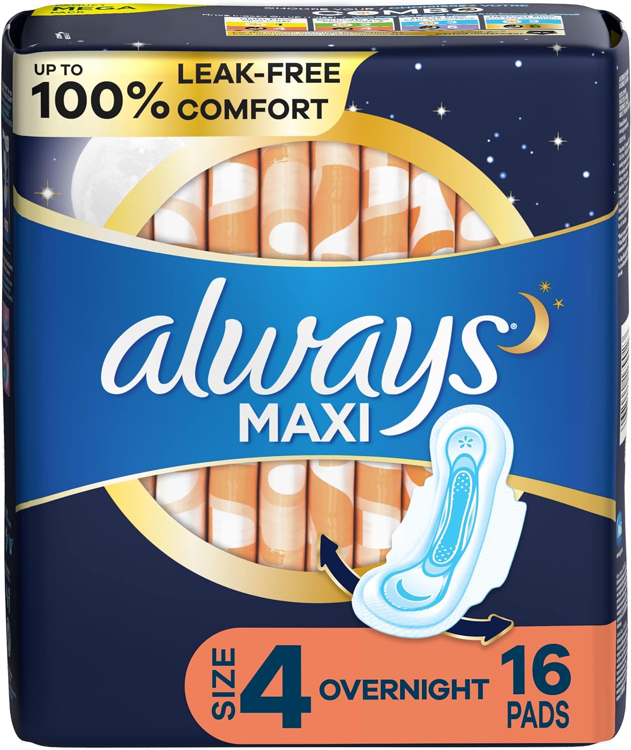 Always, Maxi Pads For Women, Size 4, Overnight Absorbency With Wings, 16 Count