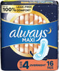 Always, Maxi Pads For Women, Size 4, Overnight Absorbency With Wings, 16 Count