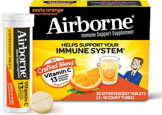 Airborne 1000mg Vitamin C with Zinc, SUGAR FREE Effervescent Tablets, Immune Support ,Zesty Orange Flavor 30 ct