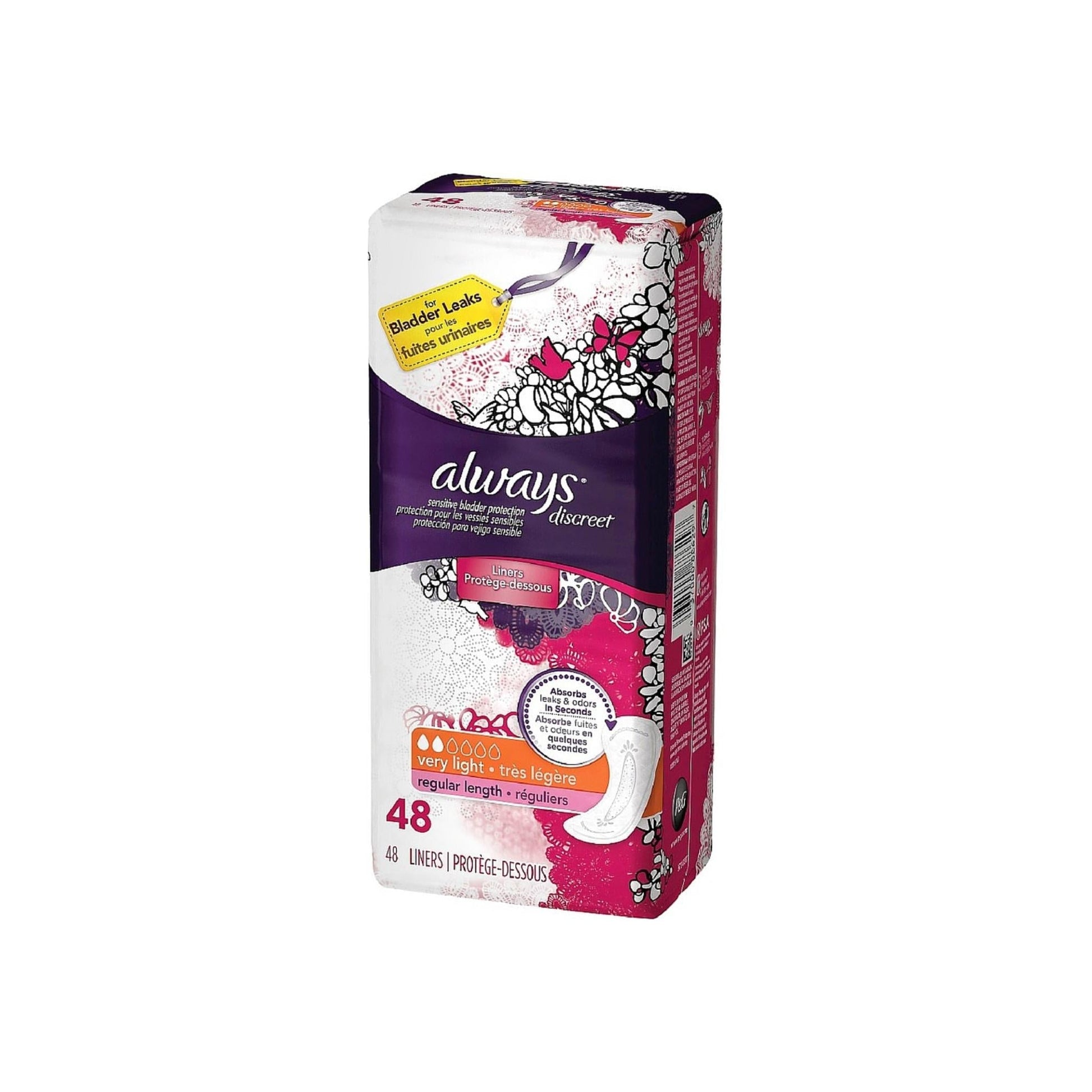 Always Discreet Very Light Absorbency Incontinence Liners, Regular Length 48 Ea