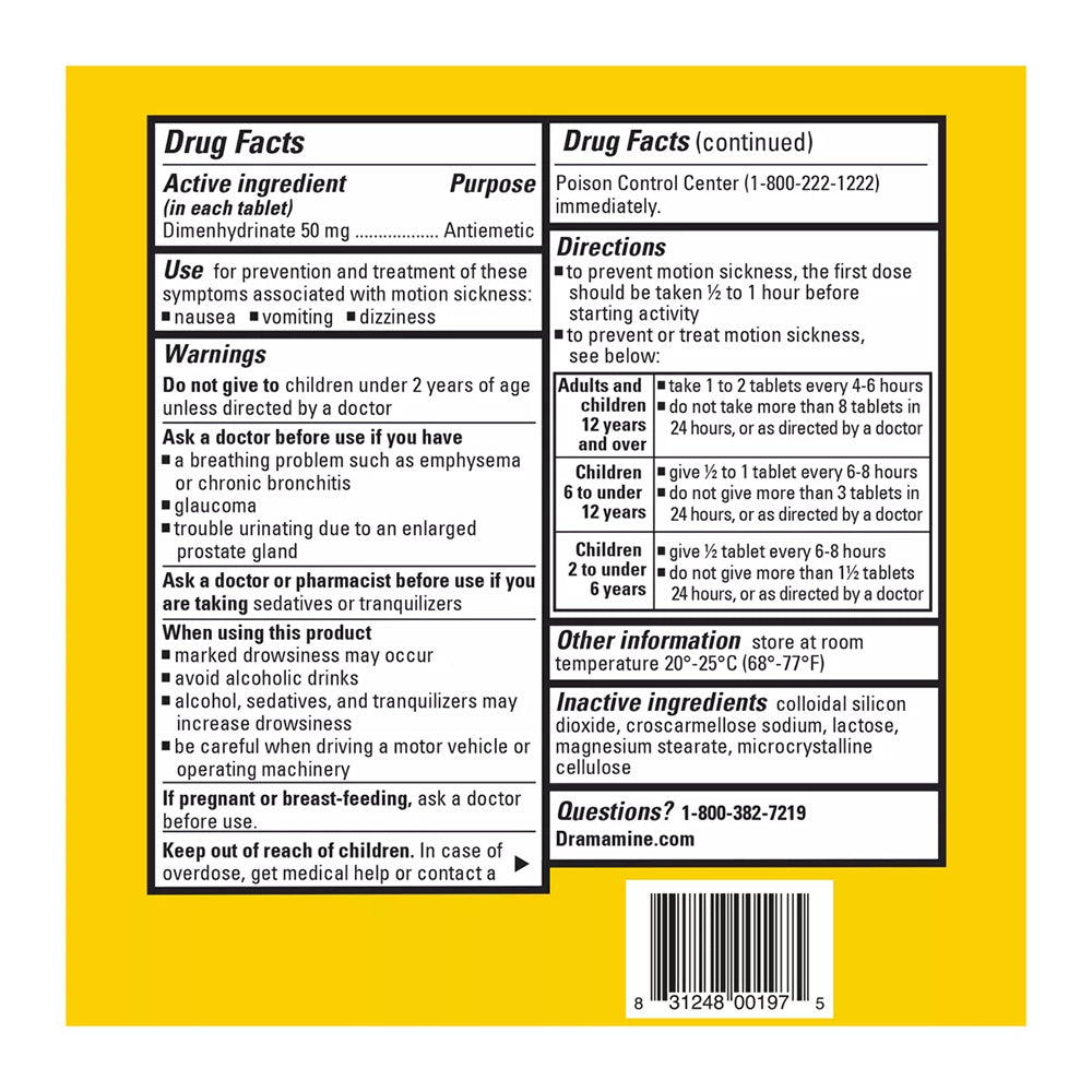 Dramamine Motion Sickness Relief, Original Formula, Tablets 12 Ea