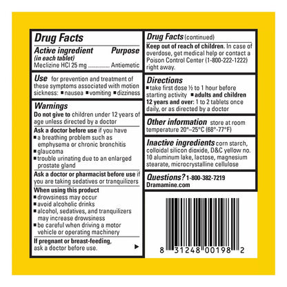Dramamine Motion Sickness Relief Less Drowsey Formula Tablets 8 Ea