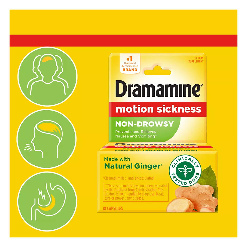 Dramamine Non-Drowsy Naturals Motion Sickness Relief Capsules With Natural Ginger 18 Ea