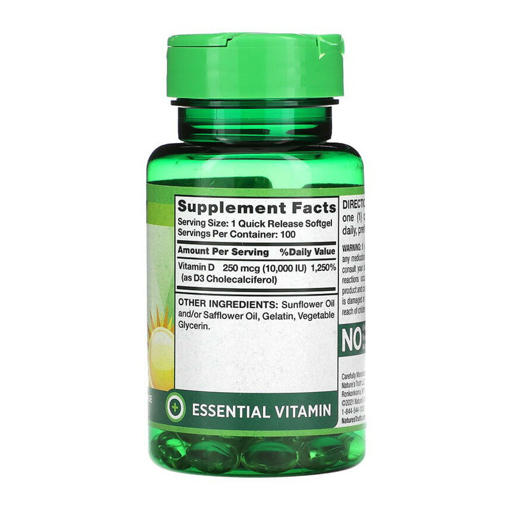D3 10,000 Iu 100 Softgels High Potency Vitamin Non-Gmo, Gluten Free By Nature'S Truth