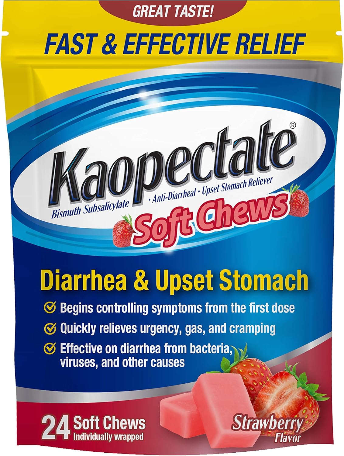 Kaopectate Soft Chews, Bismuth Subsalicylate, Anti-Diarrheal and Upset Stomach Reliever - 24 count