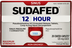 Sudafed 12 Hour Sinus Maximum Strength Long-Acting Nasal Decongestant - 20 CT.