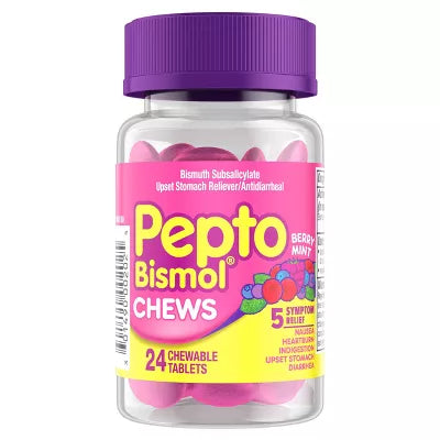 Pepto-Bismol Chews 5 Symptom Stomach Relief Chewable Tablets - Cool Berry Mint - 24ct