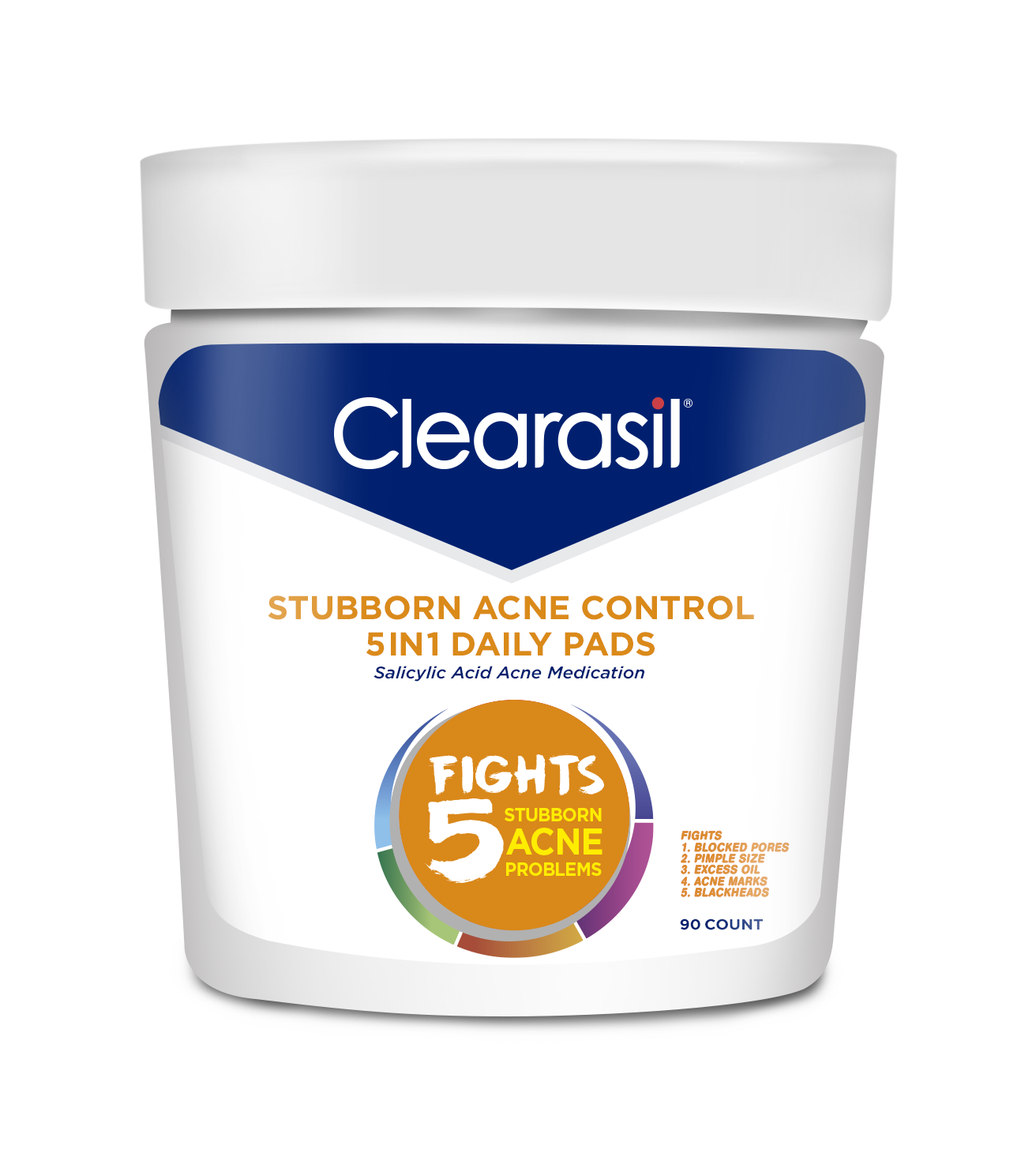 Clearasil Stubborn Acne Control 5In1 Daily Facial Cleansing Pads, 90 Count