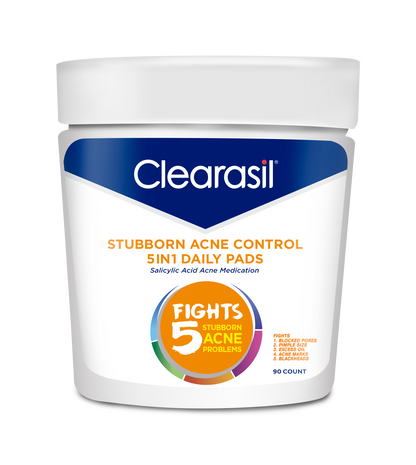 Clearasil Stubborn Acne Control 5In1 Daily Facial Cleansing Pads, 90 Count