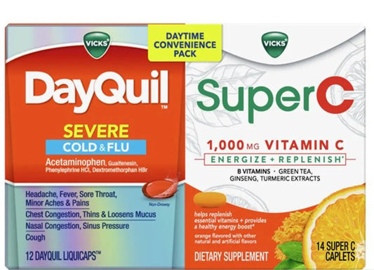 Vicks Dayquil Severe Cold Flu 12 Ct + Super C Vitamin C 14 Ct