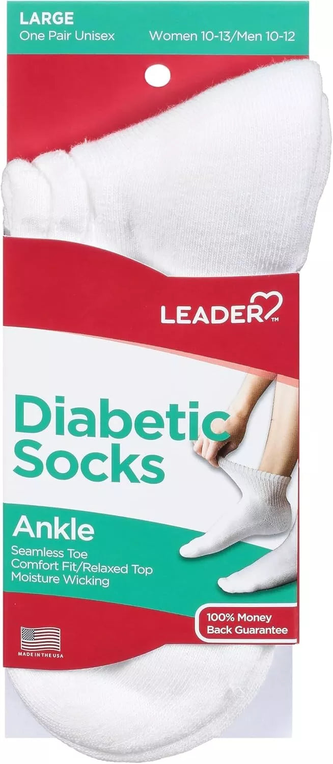 Leader Ankle Length Diabetic Socks White Large - 1 Ct