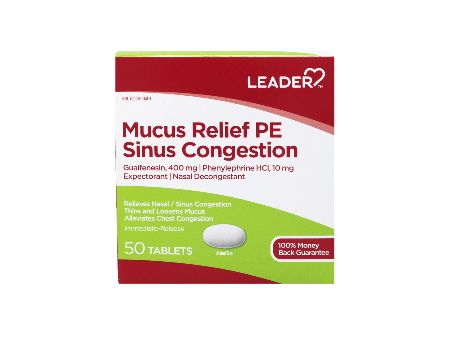Leader Mucus Relief PE Sinus Congestion Tablets - 50 Count