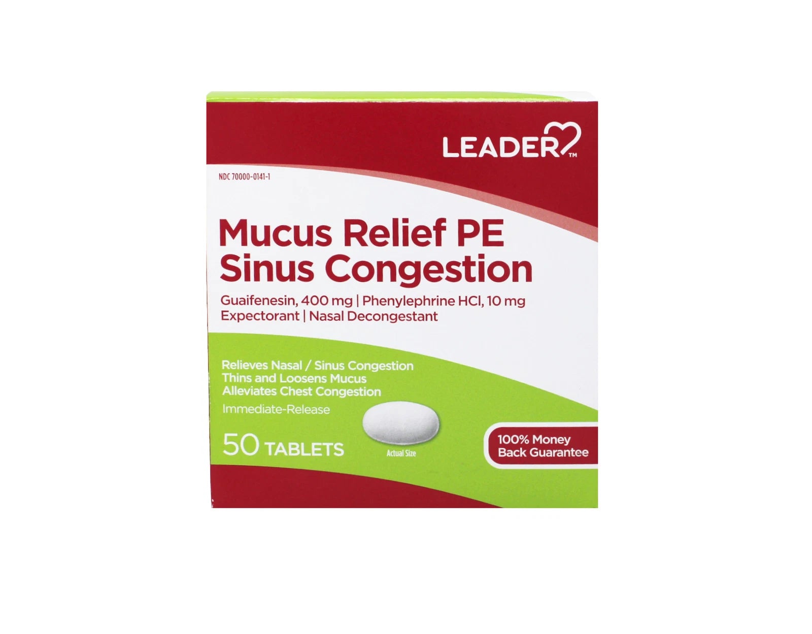 Leader Mucus Relief PE Sinus Congestion Tablets - 50 Count