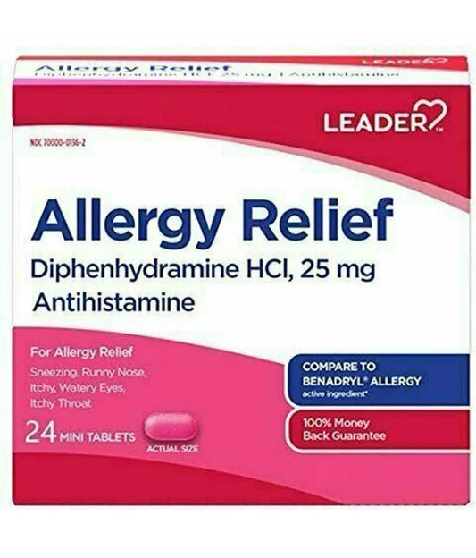 Leader Allergy Relief Diphenhydramine HCL Antihistamine Tablet 25 mg - 24 Count