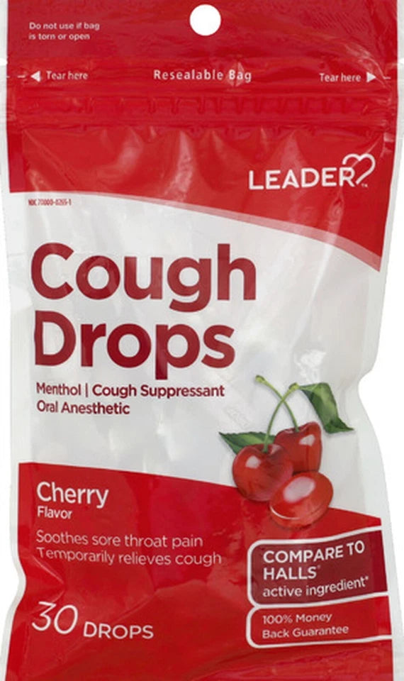 Leader Gluten Free Menthol Cough Drops Cherry Flavor - 30 Drops